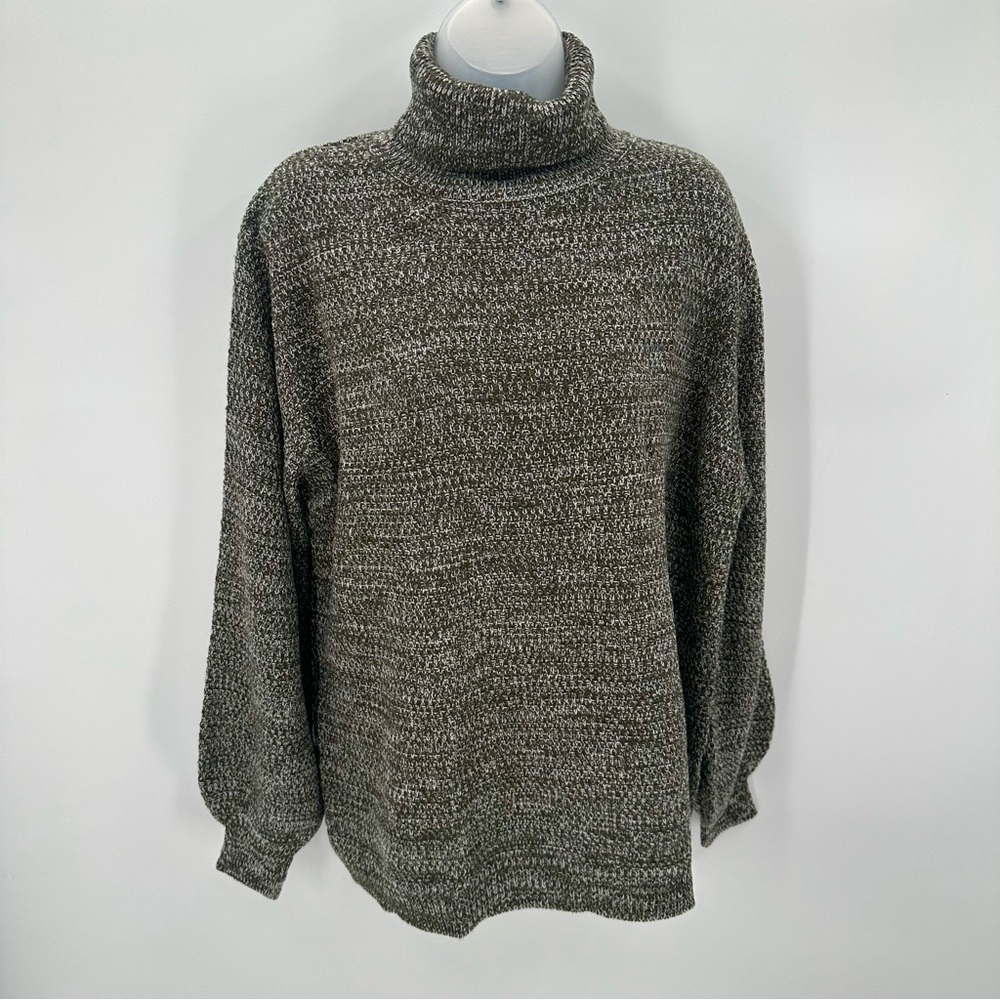 3/$15 Zenana Sweater Womens L Turtleneck Balloon Sleeve Knit Top Green Marled